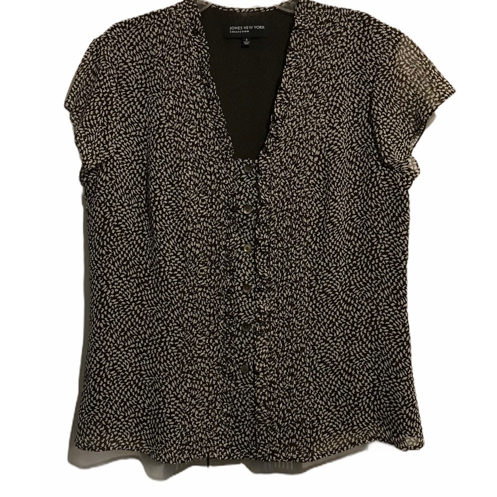 Jones New York boho Size 8 Brown Ivory Print Short Sleeve Blouse Top